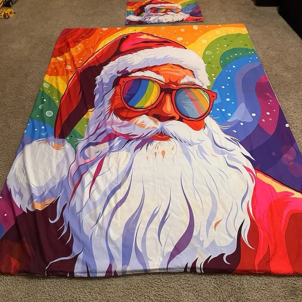 Lunarable‎ Christmas Duvet Cover Set, Xmas with Rainbow Colors Pride Theme Santa